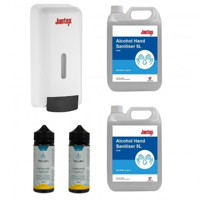 Jantex Special Offer 4 x Hand Sanitisers and Jantex Soap and Hand Sanitiser Dispenser 